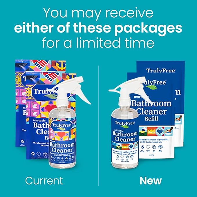Truly Free All Natural Non-Toxic Bathroom Cleaner Spray Kit, Organic Bath & Tile Cleaning Solution for Toilet, Sink, Tub & Shower, 16 oz Reusable Empty Bottle + Two Fills, 3 oz ea.