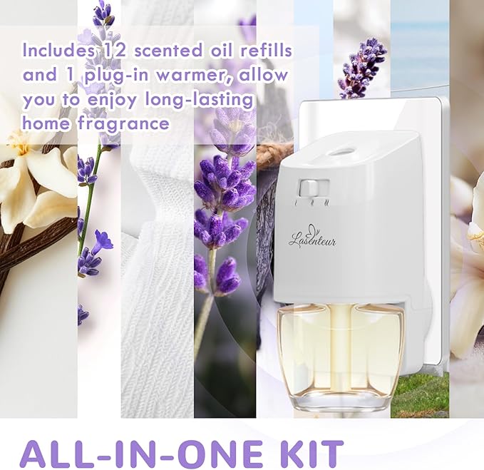 Plug In Air Fresheners for Home – 12 Pack Scented Refills with 1 Plug In Warmer – Linen, Lavender, Vanilla, Long Lasting Fresh Air Freshener, Odor Eliminator for Bathroom, Room, House