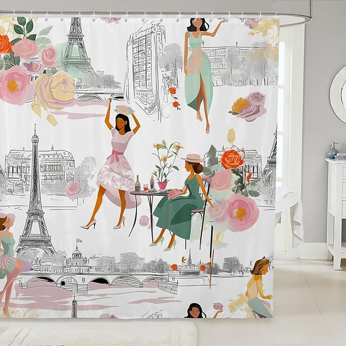 Feelyou Kids Eiffel Tower Shower Curtain Paris Romantic Rose Floral Bath Curtain for Boys Teens Decor France Stree Scence Cover Set Trip Design White Kids Bathroom Accessories 72"x78"