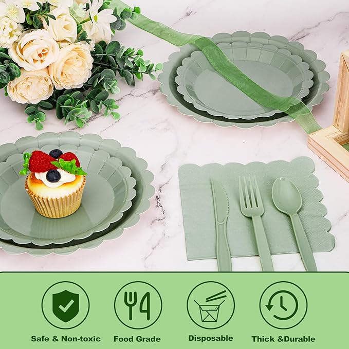 168 Pcs Sage Green Paper Plates and Napkins, Sage Green Party Supplies Include Scalloped Plate Napkins Cups Forks Knives Disposable Plastic Cutlery for Wedding, Baby Shower Birthday Party