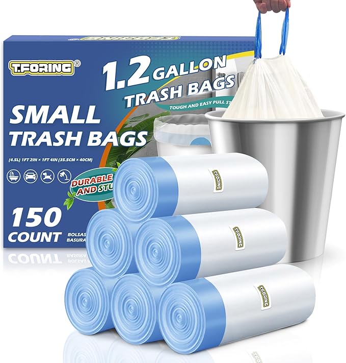 Mini trash bags 1.2 Gallon with Drawstring,150 Count White Garbage Bags Unscented,Plastic Wastebasket Can Liners for Car Toilet Bathroom