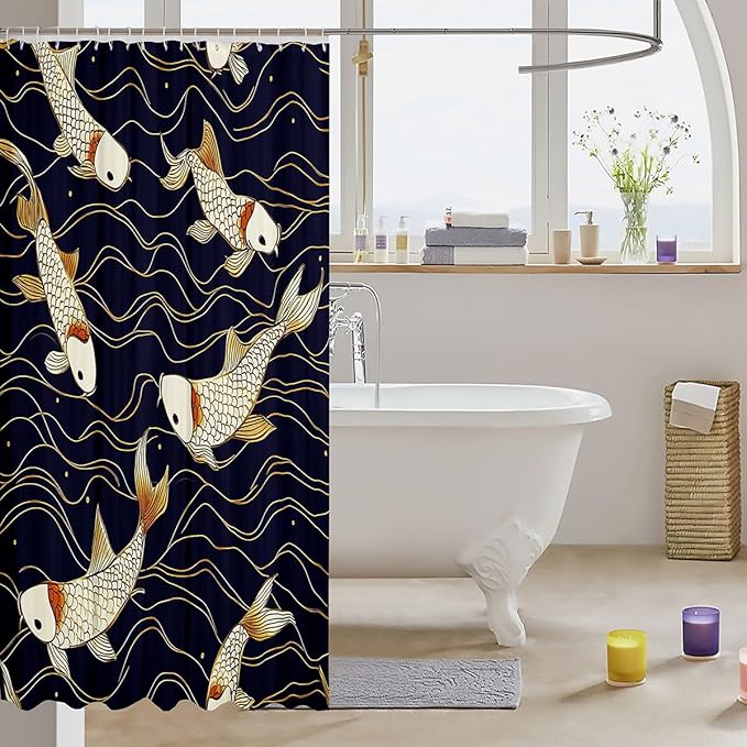 Feelyou Japanese Koi Shower Curtain Kids Japanese Wave Bathroom Shower Curtain Set for Teens Ocean Wave Bath Curtain Waterproof Nautical Marine Sea Wave Theme Blue Kids Bathroom Accessories 72"x78"
