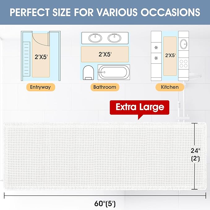 Accumtek Extra Large Waffle Bath Mat, 5'x2' White, Super Absorbent Non-Slip Quick Dry Bathroom Rugs with Tassels, Machine Washable Ultra Soft Boho Bath Rugs for Floor, Toilet Mats Boho Farmhouse Decor