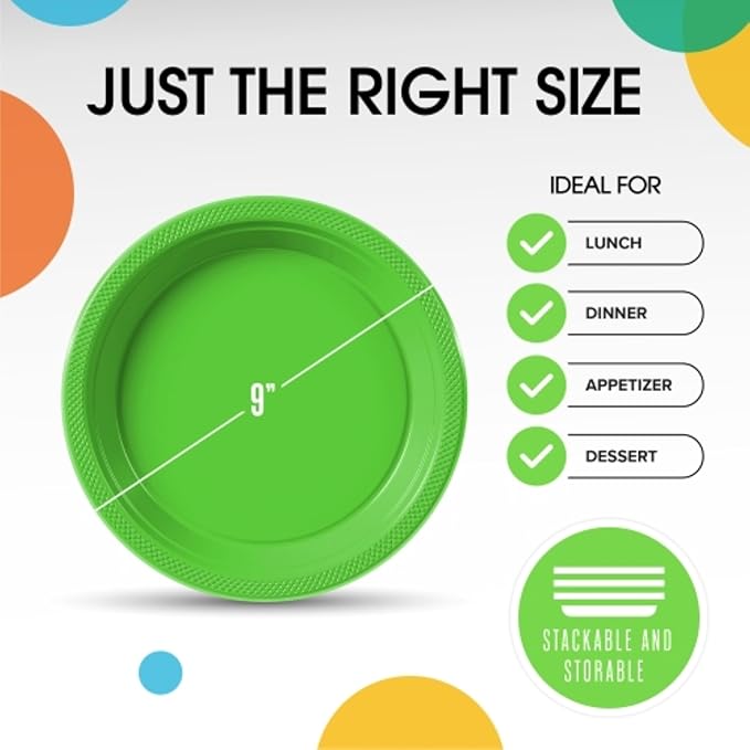 Exquisite Party Solids Lime Green Plastic Plates For Party Supplies 9" Lime Green Disposable Plates Heavy Duty 50 Pcs Plastic Dinnerware Sets Heavy Duty 350 GSM Disposable Dinnerware Set