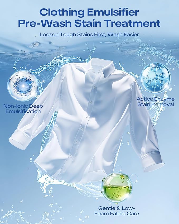 Clothing Emulsifier Stain, Non-Ionic Laundry Pre-Treatment, Stain Remover for Oil, Sweat, Cosmetic & Food Stains, Active Enzyme Fabric Cleaner, 10 FL OZ (Pack of 1) 3PCS