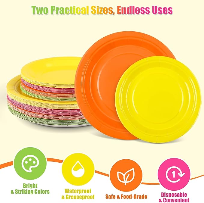 Kochorie 350 Pieces Neon Dinnerware Set, 7 & 9 inch Dessert Paper Plates Cups Napkins Plastic Cutlery Disposable Party Supplies for Neon Glow Party Birthday Baby Shower Wedding, Serve 50 Guests