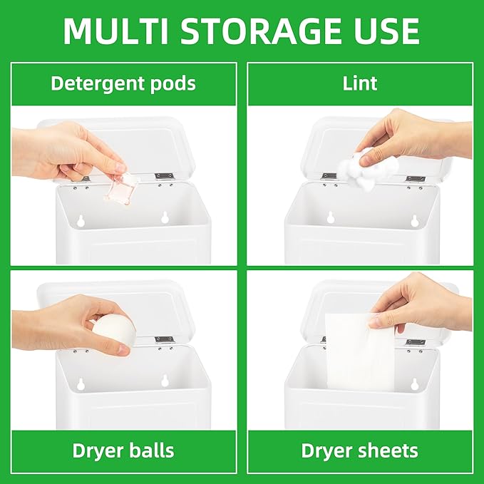 Magnetic Lint Bin for Laundry Room, Metal Lint Container with Lid and Brush, Wall Mounted Lint Box for Dryer, Farmhouse Laundry Room Decor, White