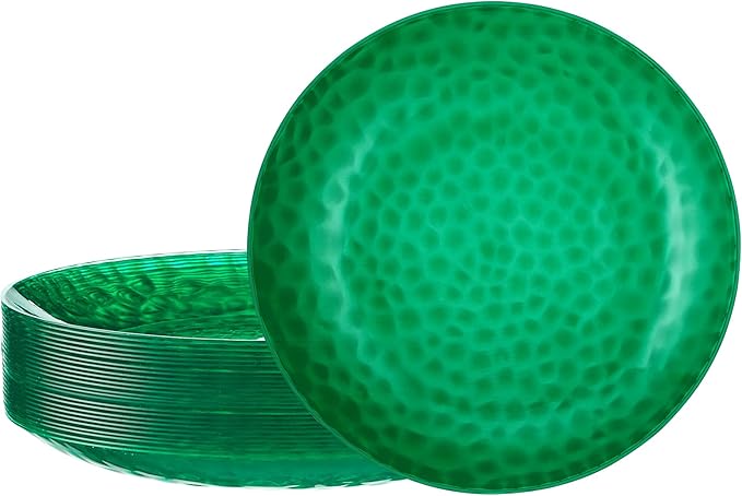 PLASTICPRO 30 Pack Hammered Plastic Plates Heavyweight Disposable Plastic Plates Elegant Transparent Green Platsic Party Dishes (Hammered green Christmass, 9'' INCH PLATES)