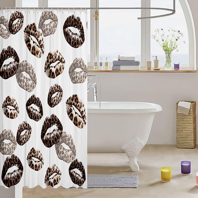 Feelyou Leopard Print Lips Shower Curtain for Bathroom Decor Romantic Kissing Lips Bath Curtain for Stalls Bathtubs Cheetah Print Bathroom Accessories Waterproof Polyester with 12 Hooks 72"x84"