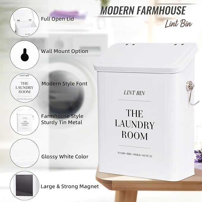 Magnetic Lint Bin for Laundry Room with Lint Brush and Magnetic Hook, Wall Mounted Lint Box with Lid, Farmhouse Laundry Room Decor