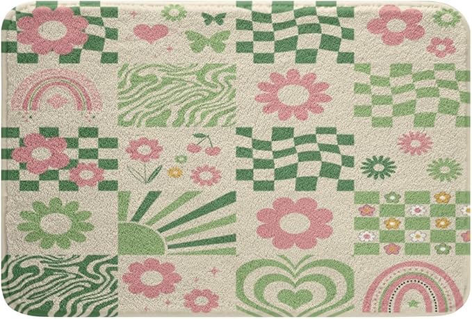 Cartoon Daisy Flowers Kids Bath Mats,Geometric Plaid Checkerboard Stripe Patchwork Mats Rugs for Girls,Rainbow Grid Bath Carpets,Green Unique Bath Rugs,Absorbent Floor Mats,16Wx24L Inches
