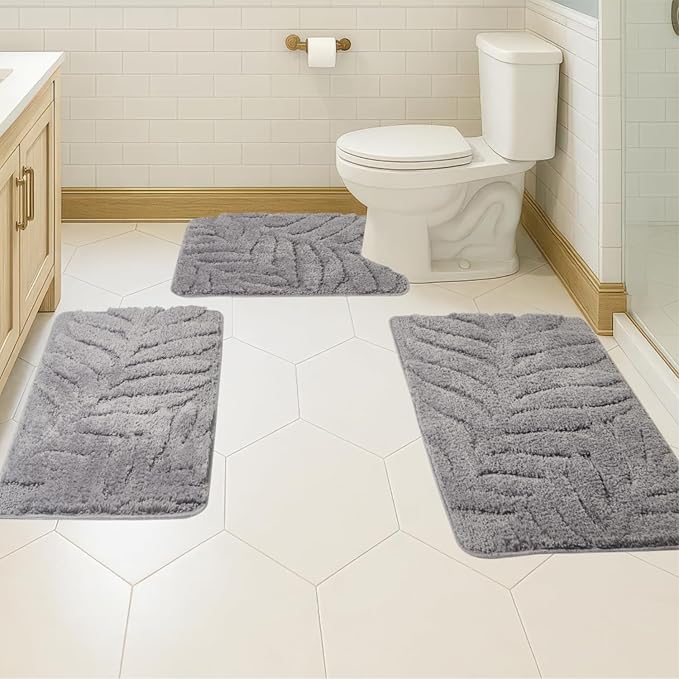 Bath Rugs Set 3 Pieces Bathroom Mat Soft Absorbent Plush Shaggy Soft Floor Non Slip Shower Bath Tub Machine Washable (Charcoal-Leaf, 20"x32"/20"x20"/17"x24")