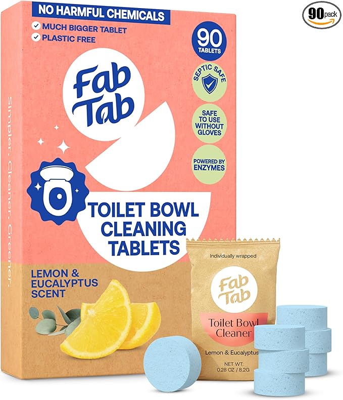 Fab Tab Toilet Cleaner Tablets for Bowl, Powerful Active Toilet Stain and Rust Removal, No Plastic or Harmful Chemicals, Safe for Regular and Septic Tanks, Lemon & Eucalyptus Scent - 90 Pack