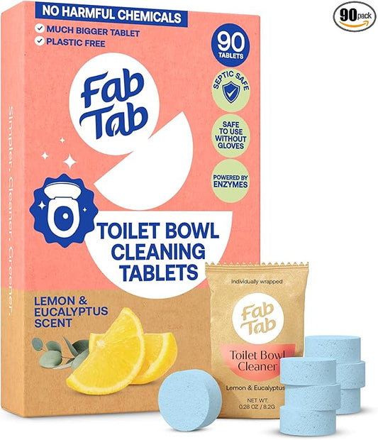Fab Tab Toilet Cleaner Tablets for Bowl, Powerful Active Toilet Stain and Rust Removal, No Plastic or Harmful Chemicals, Safe for Regular and Septic Tanks, Lemon & Eucalyptus Scent - 90 Pack