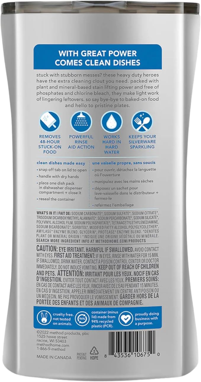 Method Dishwasher Detergent Packs, Heavy Duty, Fragrance Free + Clear, Dishwashing Rinse Aid to Lift Tough Grease and Stains, 46 Dishwasher Tabs per Package, (Pack of 2)