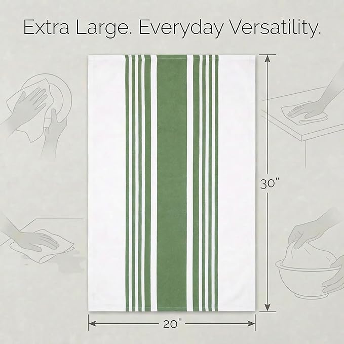 Urban Villa Kitchen Towels 100% Cotton Dish Towels for Kitchen (Set of 6)20”x30” Dish Cloths Highly Absorbent Kitchen Linen Set with Hanging Loop Perfect for Drying Dishes Cleaning Towels-Green White