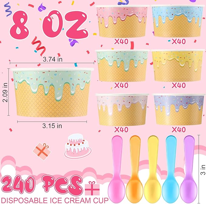 Jingmore 240 Set Paper Ice Cream Cups Bulk with Spoons 8 oz Disposable Sundae Bowls Colorful Paper Dessert Cups Containers for Snack Yogurt Soup Summer Bar Party Supplies
