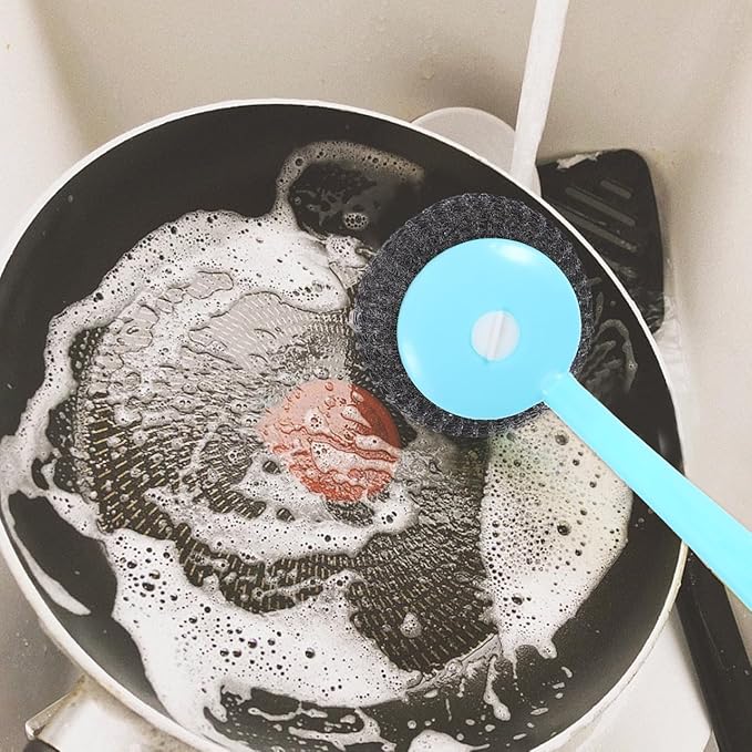 Kitchen Pot Scrubber with Handle and 8 Stainless Steel Wire Balls Dish Cleaning Brush for Pots Pans Sinks 9.64X3.14X2.55In