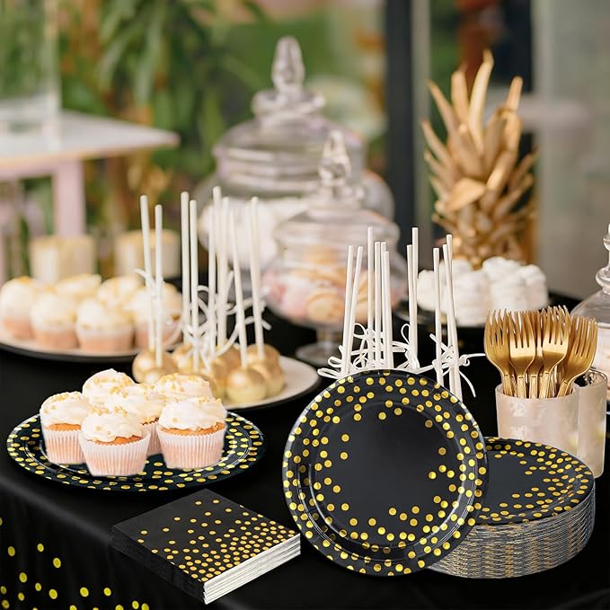 Black and Gold Paper Plates and Napkins Tablecloth Party Supplies,Serves 25 Guests Black Gold Plates and Napkins Tablecloth,Disposable Tableware Set for Birthday Graduation Retirement Decorations