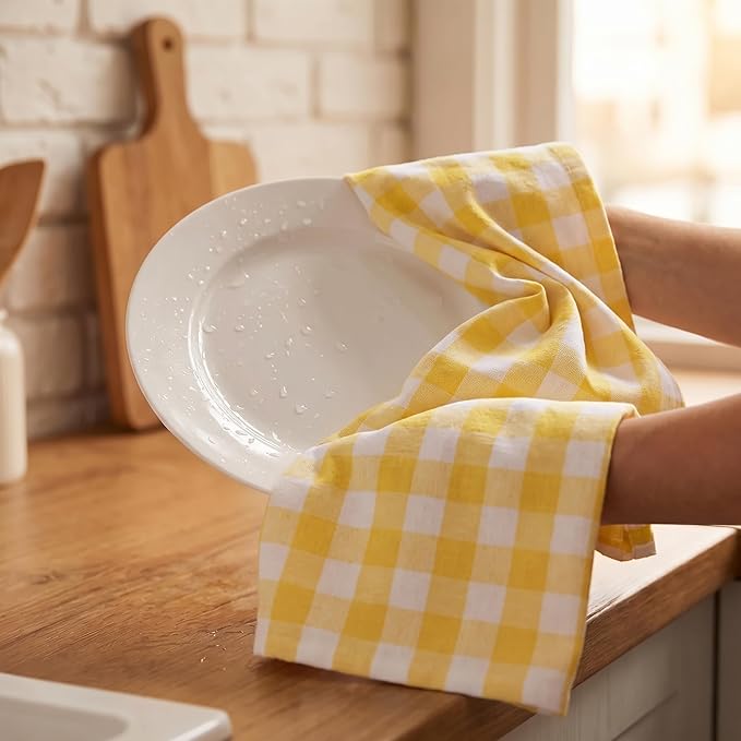 Urban Villa Easter Kitchen Towels Set of 6 Buffalo Checks Yellow/White Kitchen Towels 20X30 Inches 100% Cotton Highly Absorbent Kitchen Towels Premium Quality Ultra Soft Mitered Corners KitchenTowels
