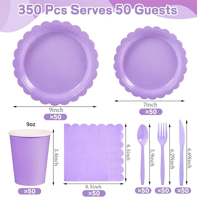 350 Pcs Lavender Paper Plates and Napkins, Light Purple Party Decorations Include Light Purple Scalloped Plate Napkins Cups Plastic Spoon Fork Knive for Girls Birthday, Baby Shower, Wedding