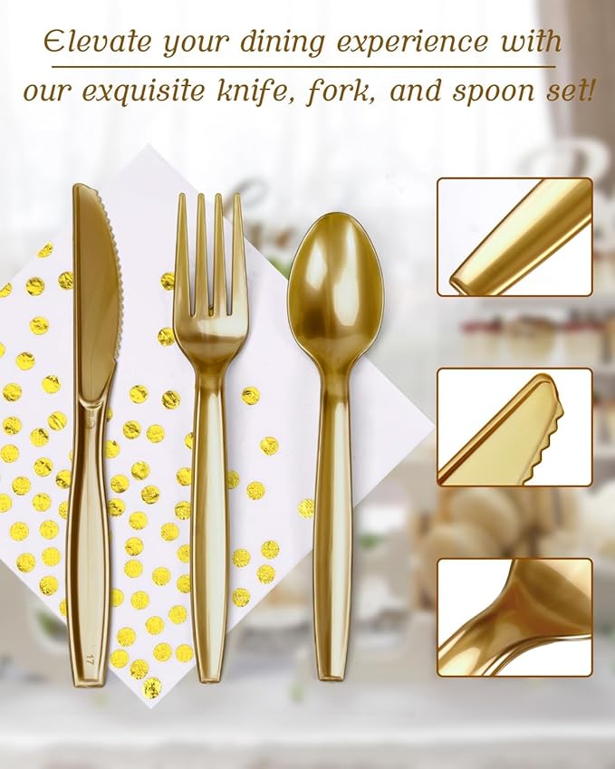 224 Pieces Party Supplies, White and Gold Dots Wedding Party Plates Cups and Napkins Sets with Plastic Knives forks spoons, Disposable Tableware Serves 32 Sets for Birthday, Graduation, Festivals