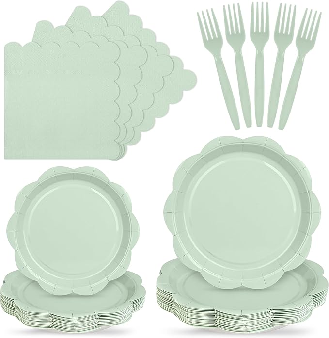96 Pcs Sage Green Paper Plates and Napkins Set Party Supplies, Tableware set for 24 Guest include Disposable Sage Green Scalloped Plates, Napkins and Fork for Easter, Baby Shower,Wedding,Bridal shower