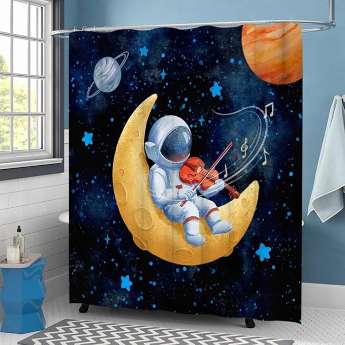Outer Space Shower Curtain Astronaut Play Guitar Violin Flute Bath Curtain Funny Universe Musician Theme Bathroom Curtain for Kids Boys Bathroom Accessory with Hooks 72x72inch