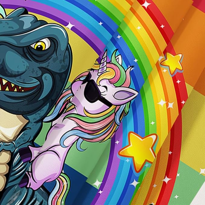 Funny Unicorn Riding Dinosaur Shower Curtain for Kids , Homosexuality LGBT Bathroom Curtain, Rainbow Pride Japanese Asian Anime Ocean Wave Fabric Restroom Decor Accessories with Hooks 60X70 Inch