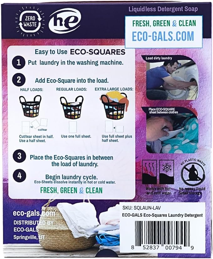 Eco-Gals Eco-Squares laundry detergent sheets with zero waste dry soap technology for cleaning linen and clothes in regular and high efficiency top and front load washing machines, Lavender