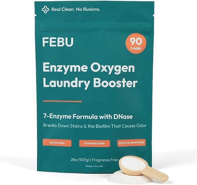 FEBU Enzyme Oxygen Laundry Booster | 7-Enzymes Including DNase | Odor Eliminator & Stain Remover for Sweat, Pet & Musty Odors | Concentrated Powder, Hypoallergenic, USA-Made | Fragrance Free, 2lbs