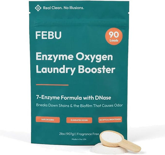 FEBU Enzyme Oxygen Laundry Booster | 7-Enzymes Including DNase | Odor Eliminator & Stain Remover for Sweat, Pet & Musty Odors | Concentrated Powder, Hypoallergenic, USA-Made | Fragrance Free, 2lbs