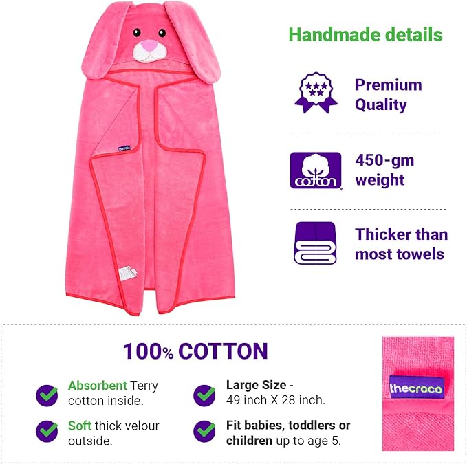 Premium Hooded Towels for Kids | Ultra Soft and Extra Large (28 x 49 inches) | 100% Cotton Kids Bath Towel with Hood | Beach Pool Towels for Ages 1-8 Boys & Girls (Pink)