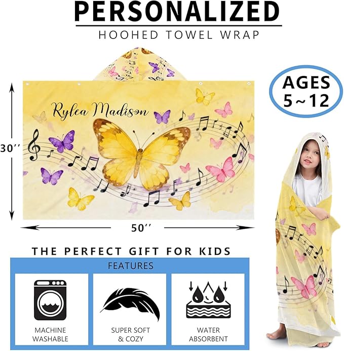 Yellow Butterfly Music Personalized Hooded Towel Absorbent Wrap Soft Pool Beach Bath Towels Hood Poncho for 5-12 Years Kids Boys Girls