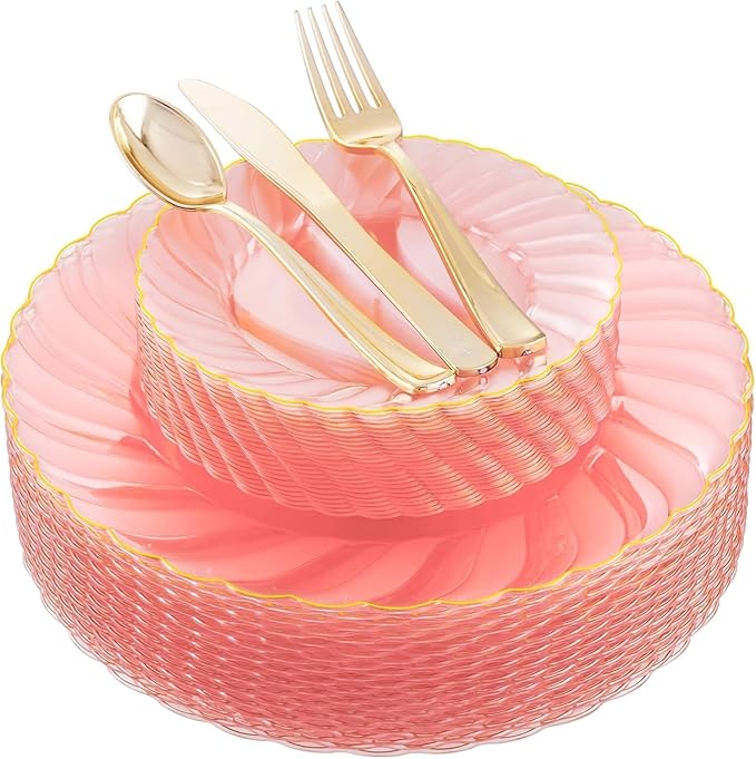 YOUBET 125Pieces Clear Pink Plastic Plates with Gold Rim - Gold Plastic Silverware Include 25 Dinner Plates 25 Dessert Plates 75 Golden Silverwares for Wedding Birthday & Parties Easter Mothers Day