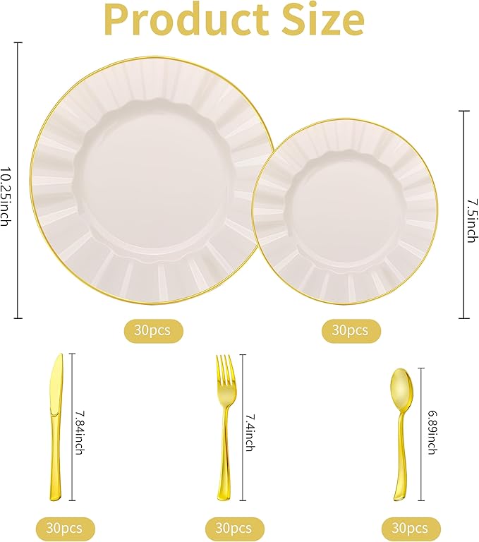 150PCS Ivory Plastic Plates with Gold Rim, Gold Plastic Dinnerware Set for 30 Guests, 30 Dinner and 30 Dessert Plates, 90 Silverware for Wedding Party, Heavy Duty Disposable Party Plate