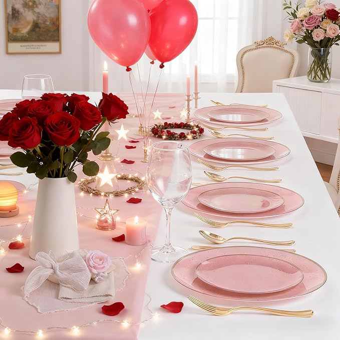 Liacere 32PCS Pink Plastic Plates - Pink Plastic Ceramic Disposable Tableware Plates Modern Dinnerware Set - Wedding & Party & Mothers Day