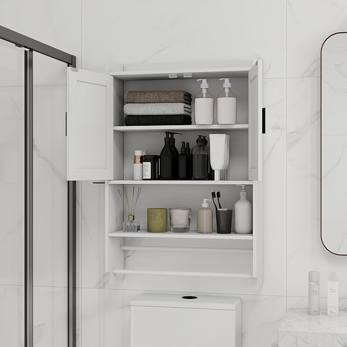 Bathroom Wall Cabinet with Doors, Over The Toilet Storage Cabinet with Adjustable Shelf, Towel Bar and Paper Holder, Medicine Cabinet for Bathroom Kitchen Laundry Room Entryway