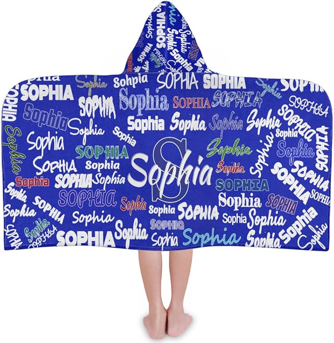 Custom Kids Hooded Beach Towel with Name, Swimsuit Cover-up Wrap Travel Holiday Bath Towel with Snaps, One Size, Royal Blue Background