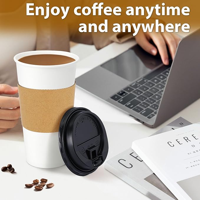 Clawsoff 50 Pack 20 oz Disposable Coffee Cups with Lids and Insulated Sleeves, Leak-free Paper and Sturdy Thick Paper Hot to Go Coffee Cups with Lids for Cold/Hot Beverage (White)