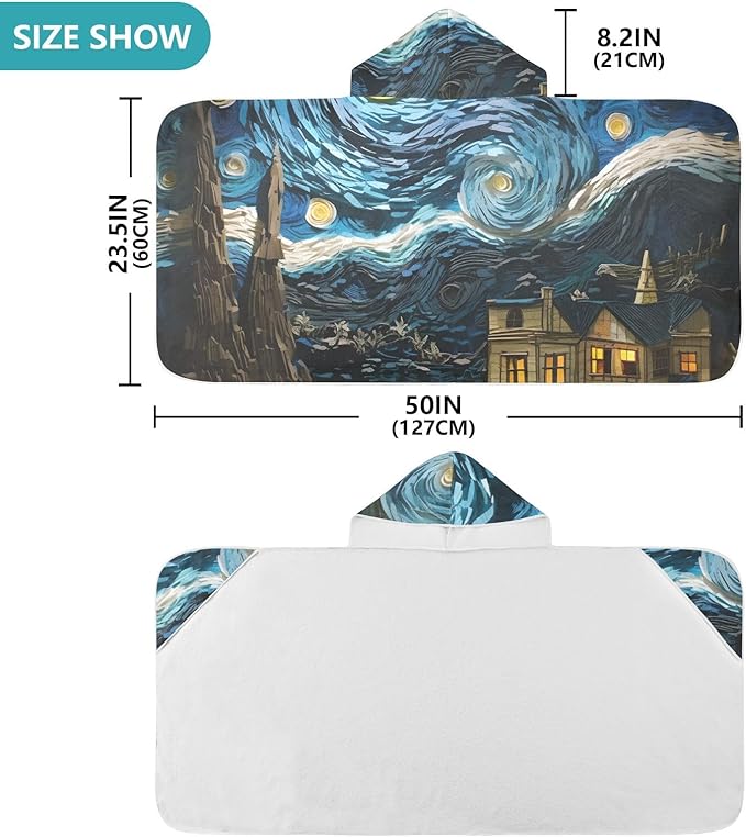 Hooded Towel for Kids Colorful Impressionist Night Sky Landscape Beach Wrap Bath Towels 50x23.5in