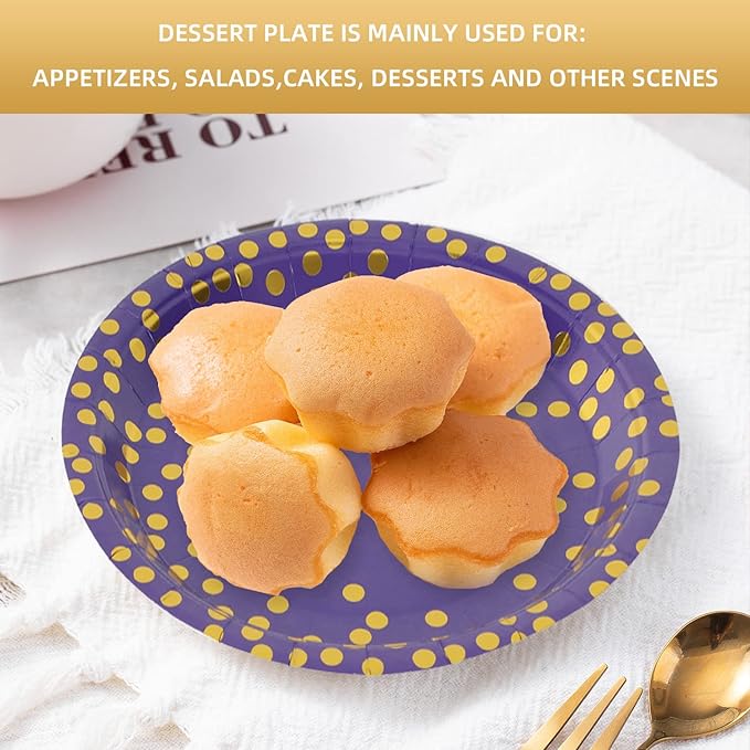 Purple and Gold Paper Plates,7INCH Dessert Party Plates,Purple Foil Polka Dots Paper Plate for Birthdays,Graduation,Mardi Gras,Bridal Parties(100 PCS)