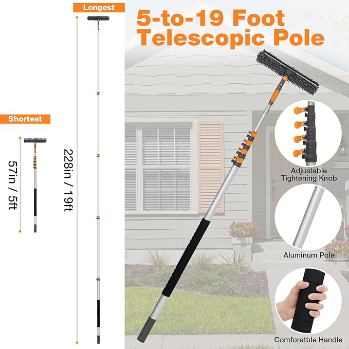 26Ft Window Squeegee with 5-19 FT Extension Poles, 2-in-1 Window Cleaning Kit with Telescopic Pole, Extra-Large 14" Window Squeegee Window Cleaner Tool with Adjustable Head, for High Window, Glass, RV