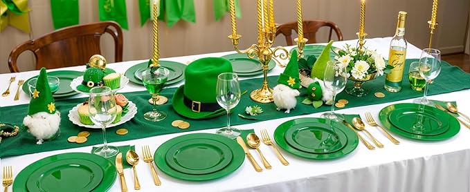FLOWERCAT 60PCS Green Plates & St. Patrick's Day Plates - Heavy Duty Dark Green plates Disposable for Party&Event- Include 30PCS 10.25" Dinner Plates & 30PCS 7.5" Dessert Plates