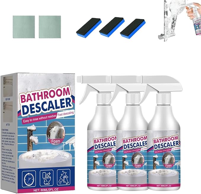 Bathroom Descaler Foam Cleaner, Stubborn Stains Cleaner Descaler Spray, for Bathtub, Toilet, Glass, Faucet, Sink, Powerful Stain & Limescale Remover, Fresh Scent (3PCS)