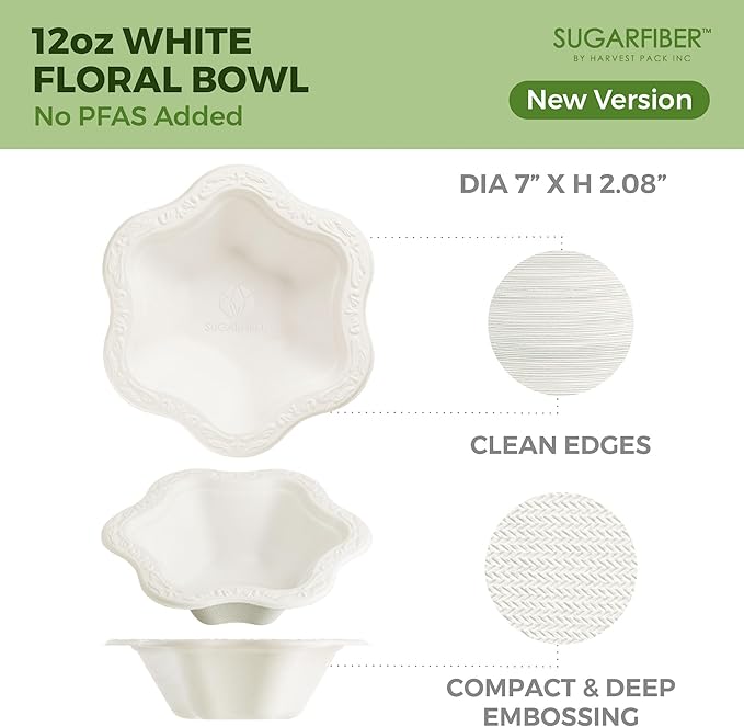 12oz Compostable Bowls[400 Pack] - Disposable Paper Dessert Bowls, White Scalloped Floral Ice Cream Bowls, Eco Friendly Biodegradable Bagasse Party Bowls, Plastic-Free Bulk Bowls, New Version