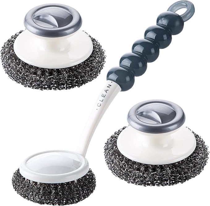 Stainless Steel Wool Scrubber with Handle, Heavy Duty Pot & Dish Scrubber Cleaning Brush Wash for Dish, Stainless Steel Scrubbing Brushes Cleaning Supplies for Pots, Pans, Grills, Sink (3)