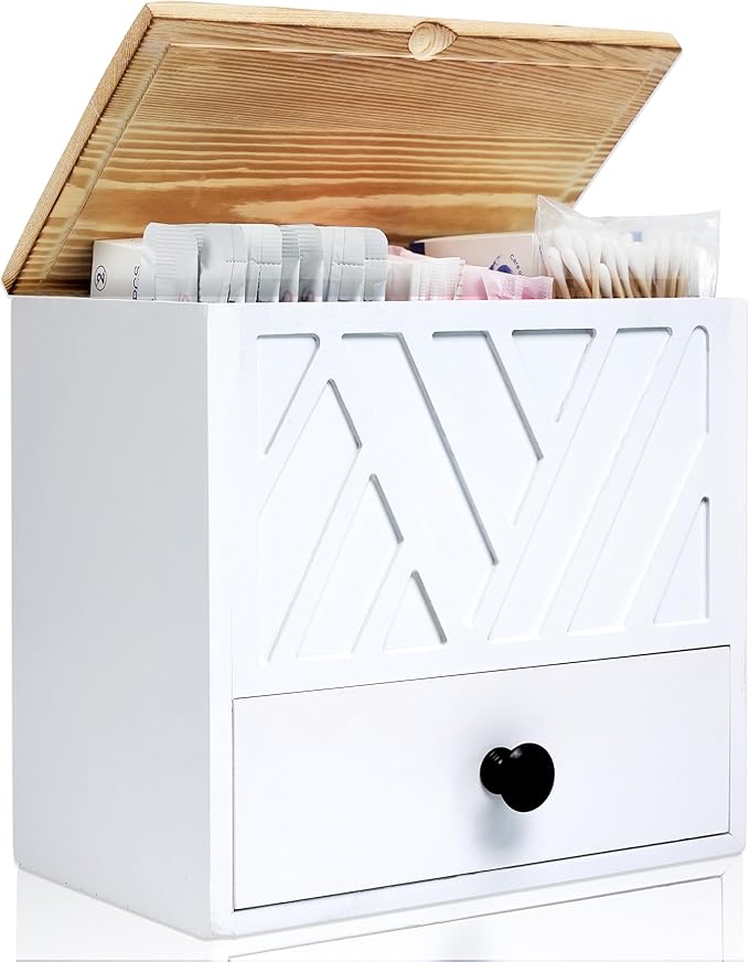 Tampon Holder for Bathroom Decor Feminine Product Organizer With Lid & Drawer Shark Week Box Girl Stuff (1, WHITE)