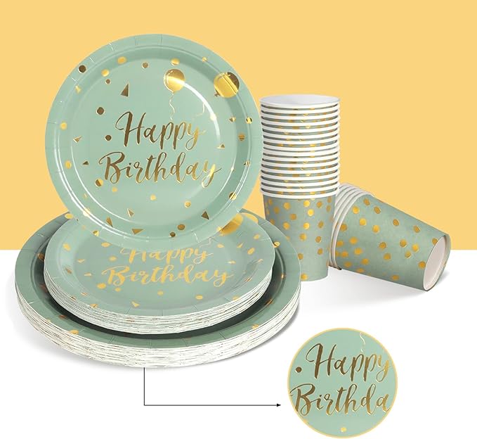 Nkaiso Birthday Party Tableware Set, 161 Pieces Sage Green and Gold Disposable Plates Napkins Cups & Cutlery, Serves 20 for Adult Birthday, Baby Shower, Wedding