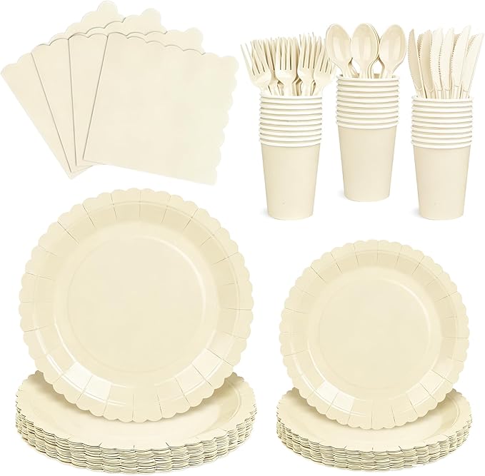 175 PCS Ivory Paper Plates and Napkins Tableware Set, Ivory Party Supplies for 25 Guests Include Scalloped Plate Paper Napkins Cups Knife Fork Spoon for Baby Shower, Birthday, Wedding